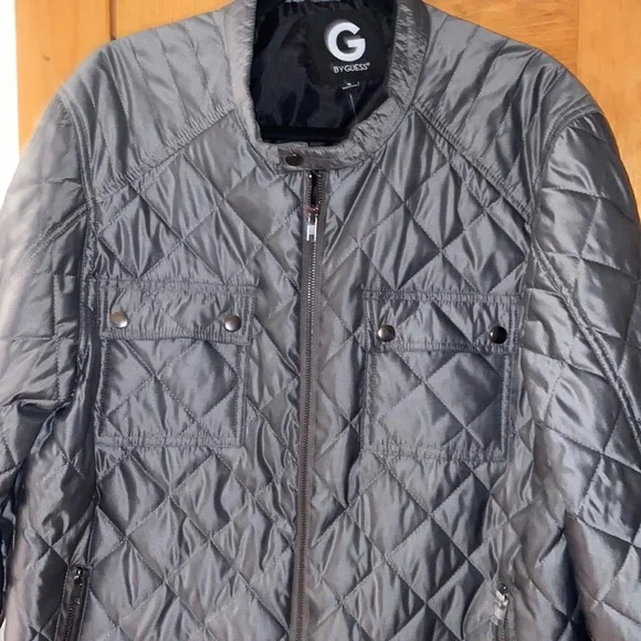 G by guess quilted jacket gray front zippered pockets size XL